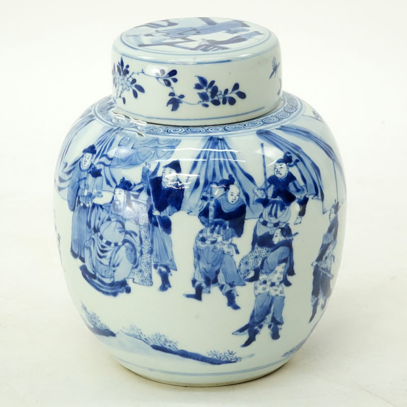19th Century Kangxi Chinese Blue And White Figural Covered Ginger Jar. Signed.