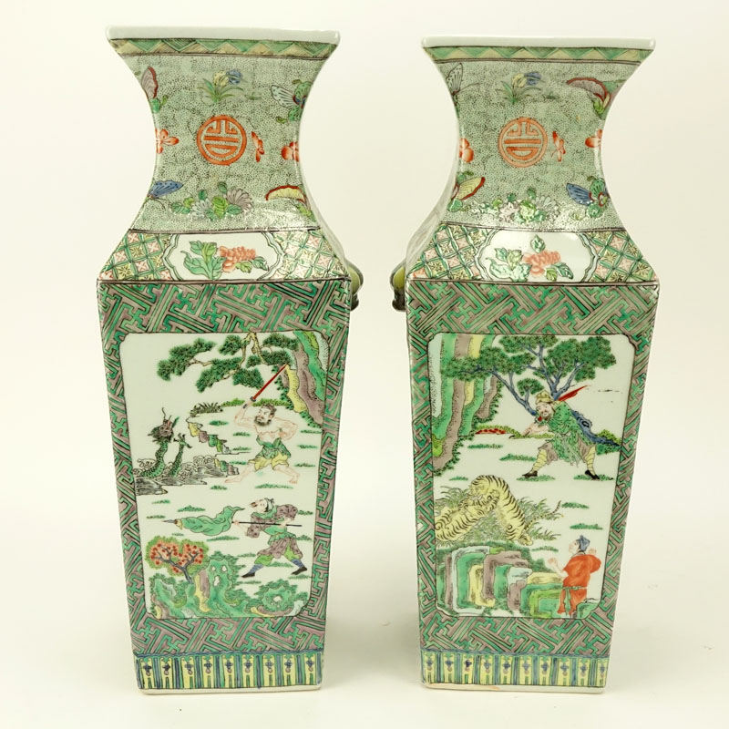 Pair Of 20th Century Chinese Export Porcelain Famille Verte Vases. Mock ring handles, figural and floral motif. Signed.