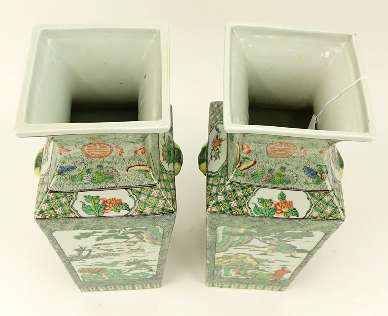 Pair Of 20th Century Chinese Export Porcelain Famille Verte Vases. Mock ring handles, figural and floral motif. Signed.