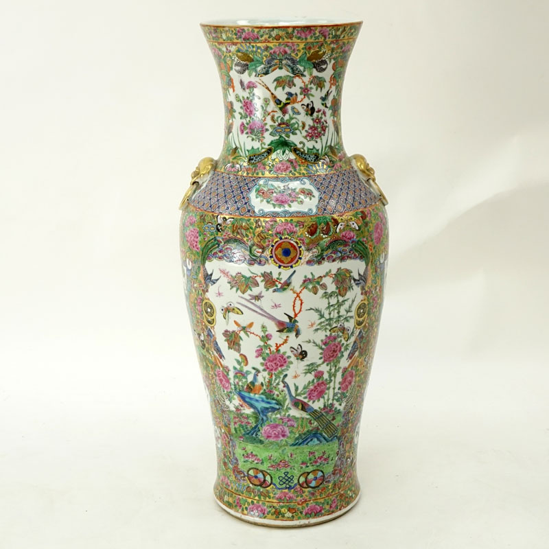 Large Chinese Rose Canton Porcelain Vase with Mock Foo Dog Ring Handles.