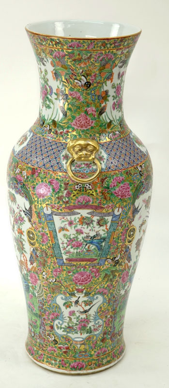 Large Chinese Rose Canton Porcelain Vase with Mock Foo Dog Ring Handles.