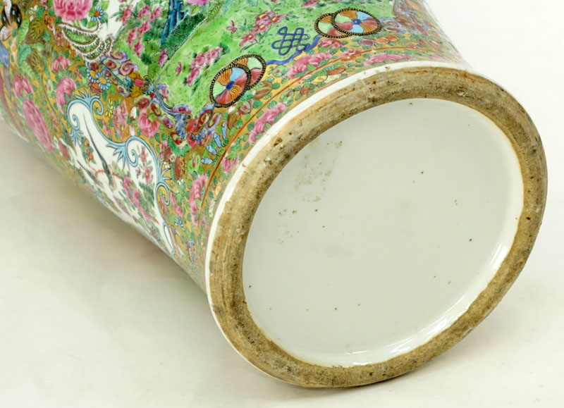 Large Chinese Rose Canton Porcelain Vase with Mock Foo Dog Ring Handles.