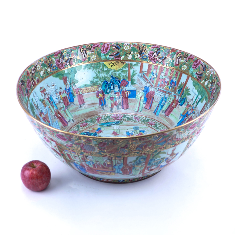 Monumental Chinese Export Rose Medallion Porcelain Punch or Center Bowl. Decorated with panels of court figures, birds and flowers within a dense floral and butterfly border.