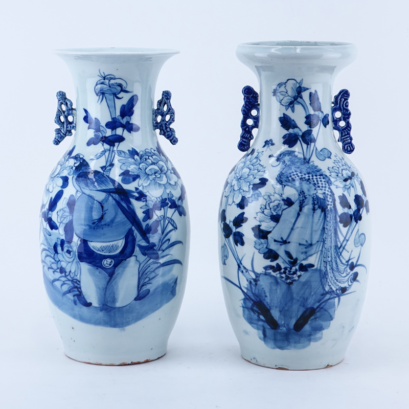 Two (2) Chinese Porcelain Tall Blue & White Vases. Each with bird and flower motif. Handles. Unsigned.
