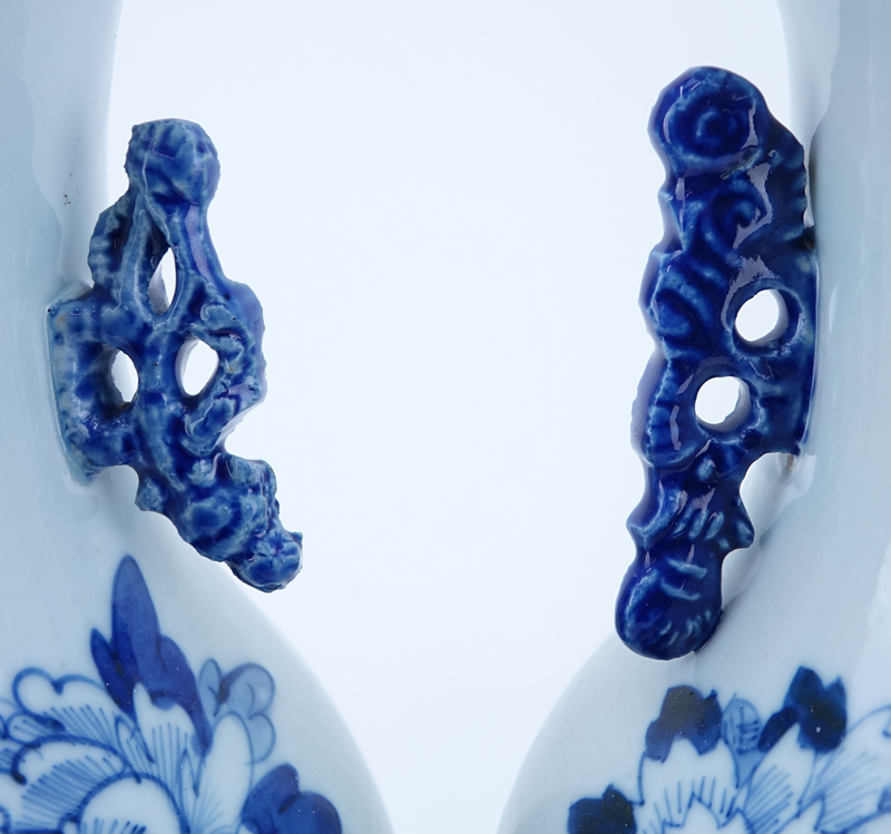 Two (2) Chinese Porcelain Tall Blue & White Vases. Each with bird and flower motif. Handles. Unsigned.