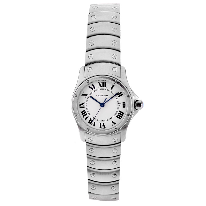 Lady's Vintage Cartier Santos Ronde Stainless Steel Bracelet Watch with Quartz Movement and Calendar.