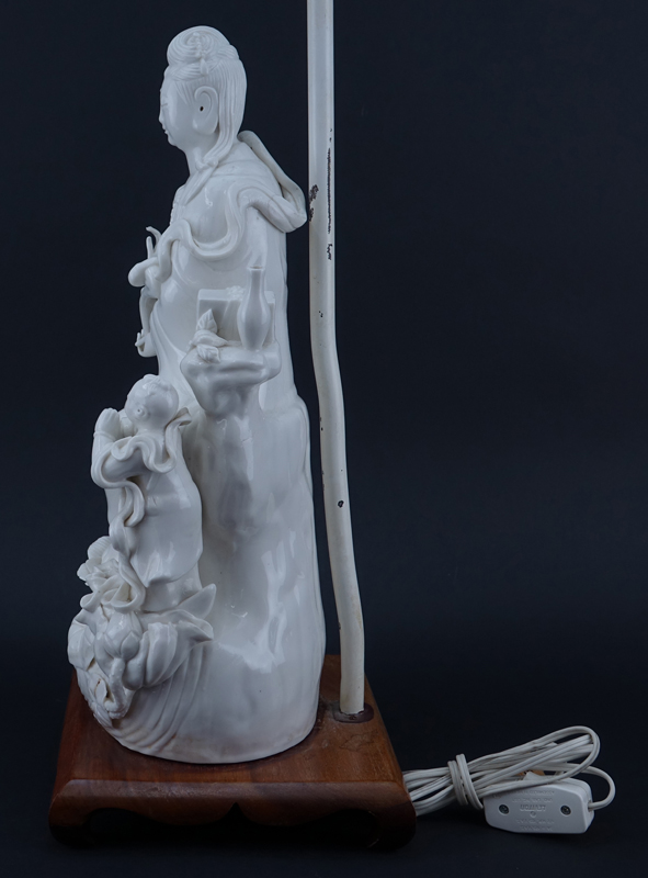 Large Chinese Blanc De Chine Porcelain Guanyin Grouping Mounted as Lamp.