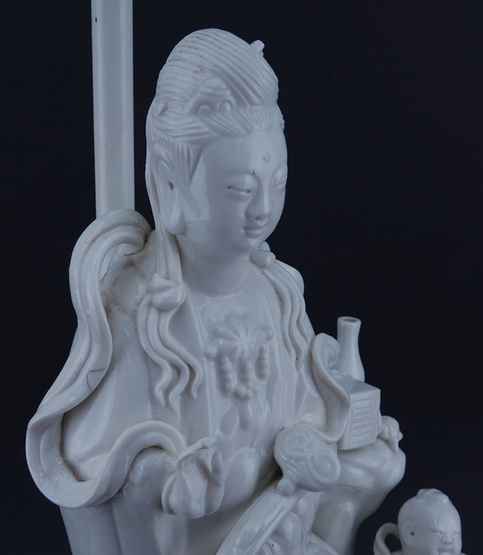 Large Chinese Blanc De Chine Porcelain Guanyin Grouping Mounted as Lamp.