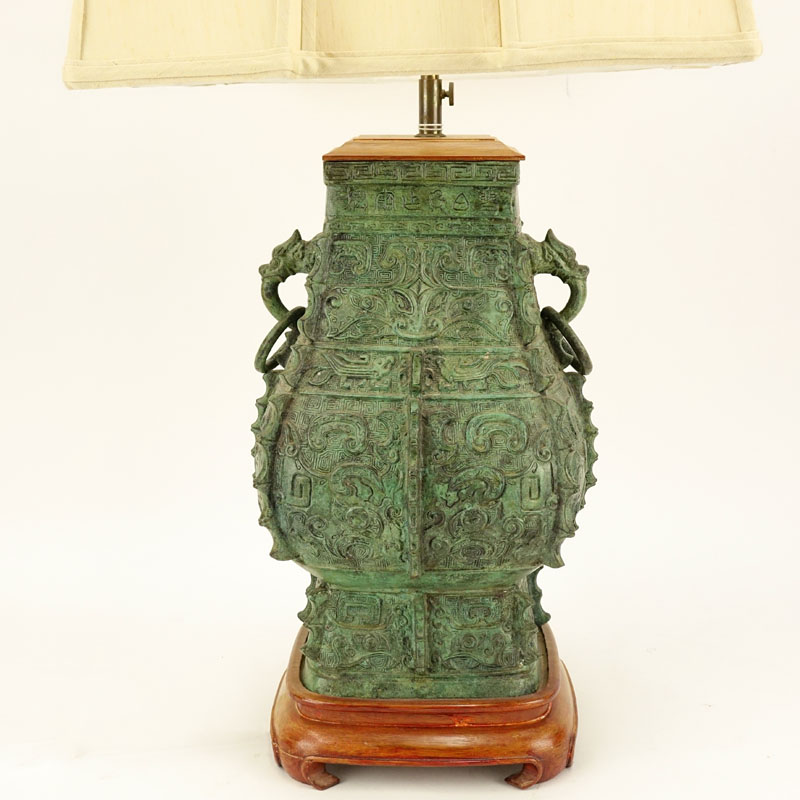 A Chinese Archaic Style Patinated Bronze Vase Mounted as Lamp with Shade.