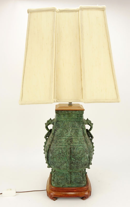 A Chinese Archaic Style Patinated Bronze Vase Mounted as Lamp with Shade.