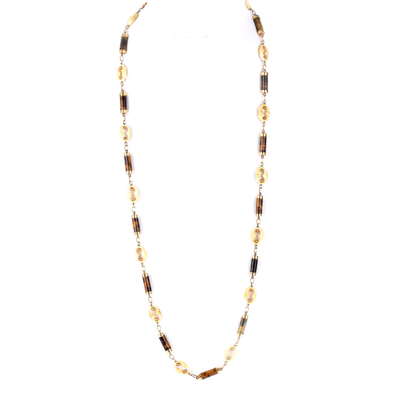Vintage 18 Karat Yellow Gold, Tiger Eye Bead and Ivory Bead Necklace.