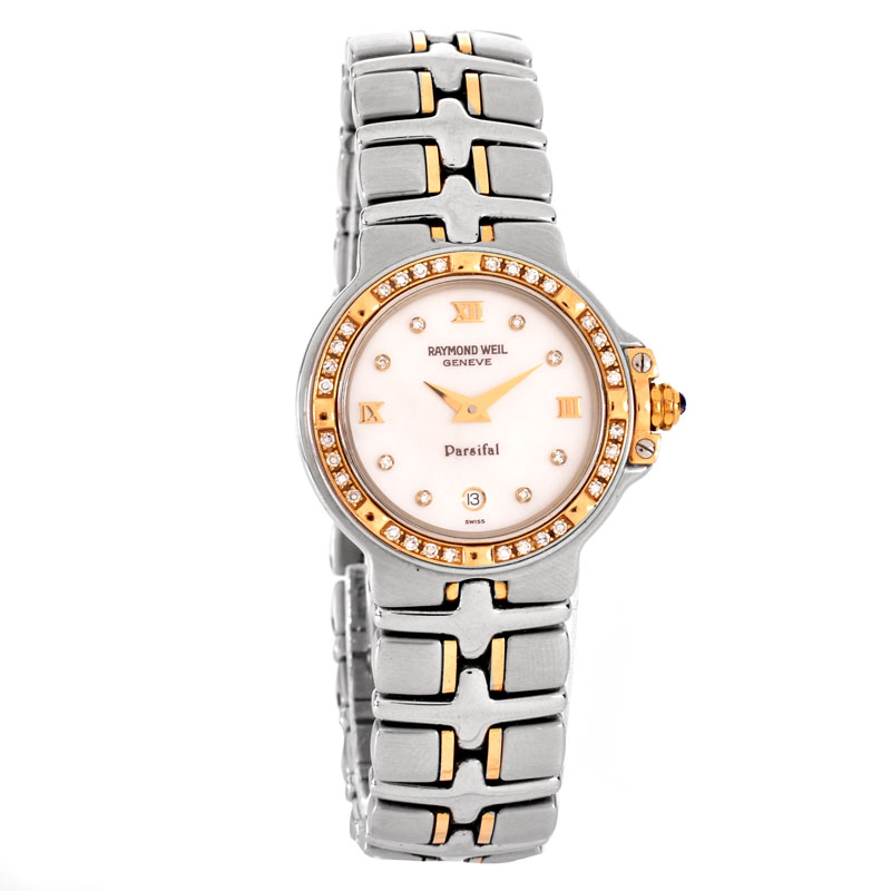 Lady's Vintage Raymond Weil Parsifal 9990 Stainless Steel Two Tone Bracelet Watch with Diamond Bezel, Mother of Pearl Dial and Quartz Movement.