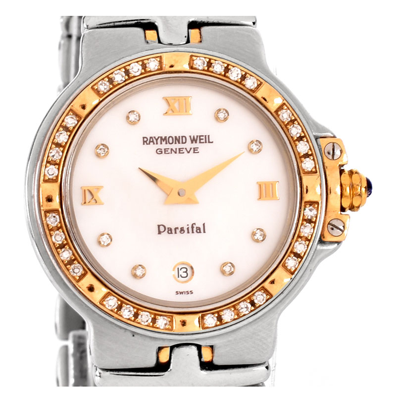 Lady's Vintage Raymond Weil Parsifal 9990 Stainless Steel Two Tone Bracelet Watch with Diamond Bezel, Mother of Pearl Dial and Quartz Movement.