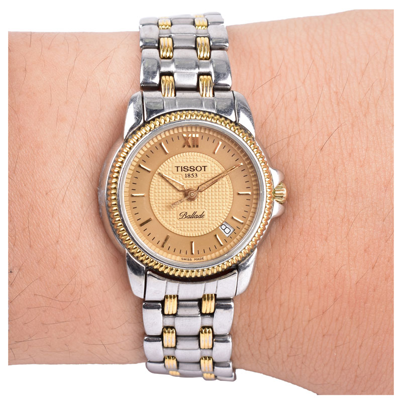 Lady's Vintage Tissot Ballade Two Tone Stainless Steel Bracelet Watch with Quartz Movement. Signed and numbered.