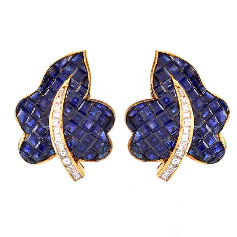 Invisible Set Square Cut Sapphire, Diamond and 18 Karat Yellow Gold Leaf Form Earrings. Sapphires with vivid color. Unsigned.