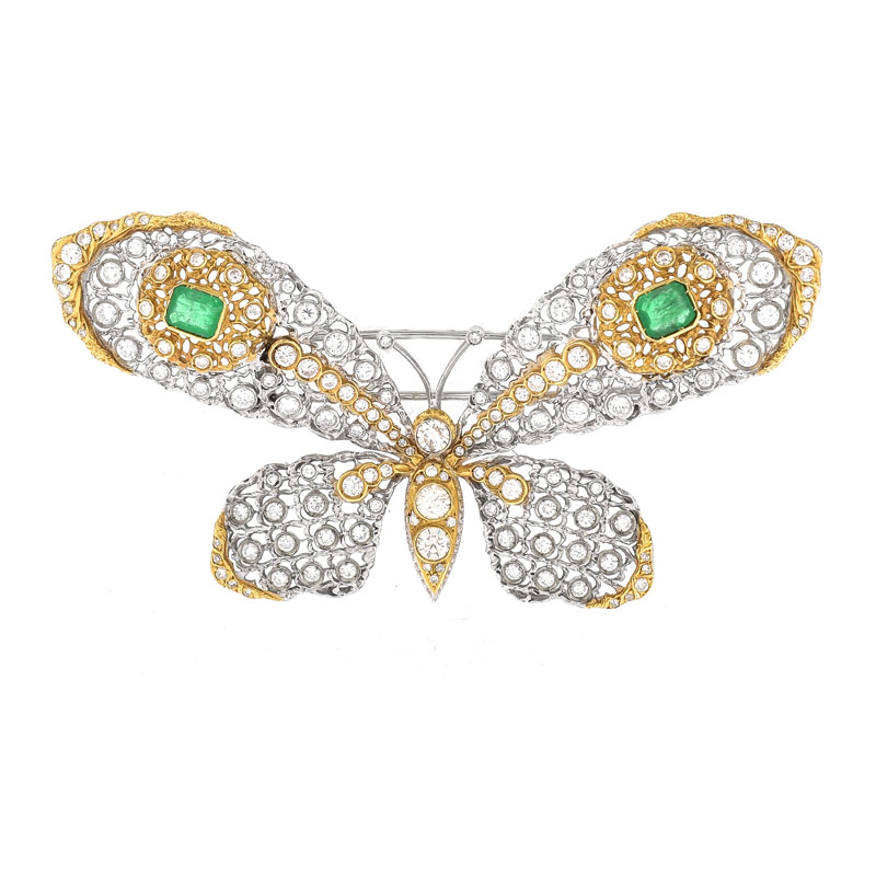 Vintage Approx. 6.50 Carat Old European Cut Diamond, 1.20 Carat TW Emerald and 18 Karat Yellow and White Gold Butterfly Brooch.