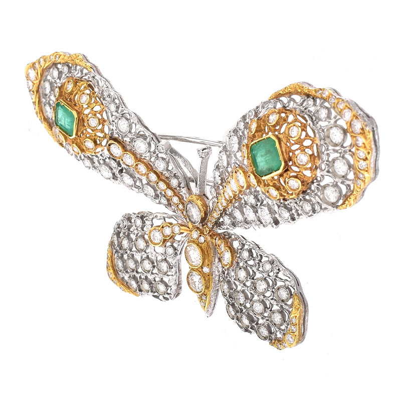 Vintage Approx. 6.50 Carat Old European Cut Diamond, 1.20 Carat TW Emerald and 18 Karat Yellow and White Gold Butterfly Brooch.