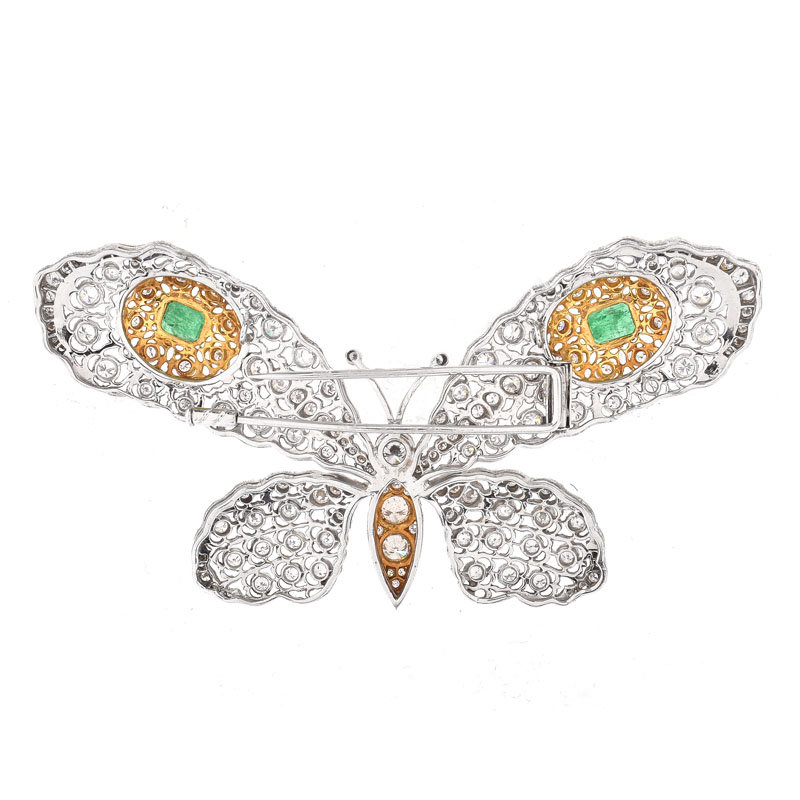 Vintage Approx. 6.50 Carat Old European Cut Diamond, 1.20 Carat TW Emerald and 18 Karat Yellow and White Gold Butterfly Brooch.