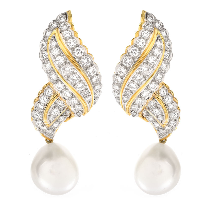 Approx. 5.50 Carat Round Brilliant Cut Diamond, Baroque Pearl and 18 Karat Yellow Gold Earrings. Diamonds F-G color, VS1-VS2 clarity.