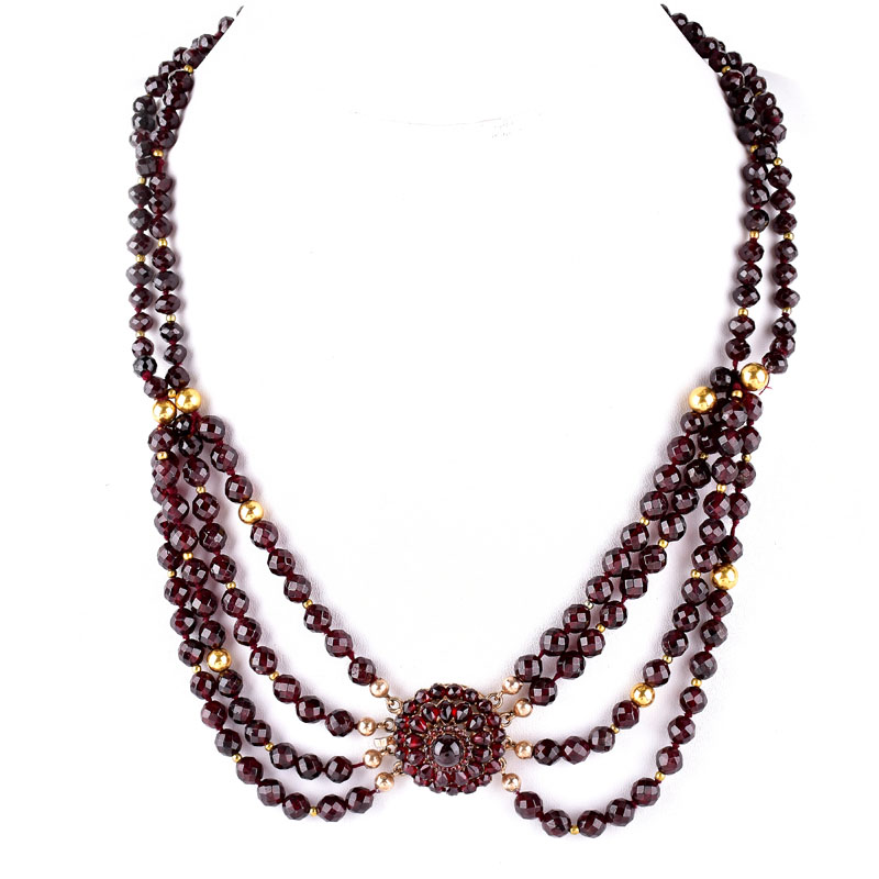 Vintage Garnet and 14 Karat Yellow Gold Multi Strand Necklace.