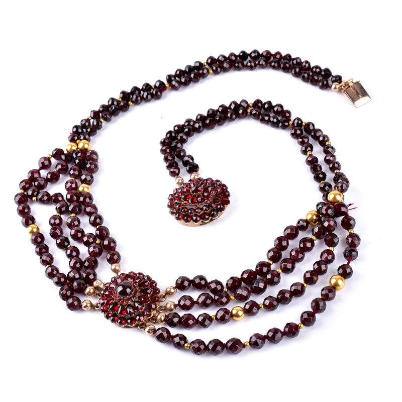 Vintage Garnet and 14 Karat Yellow Gold Multi Strand Necklace.