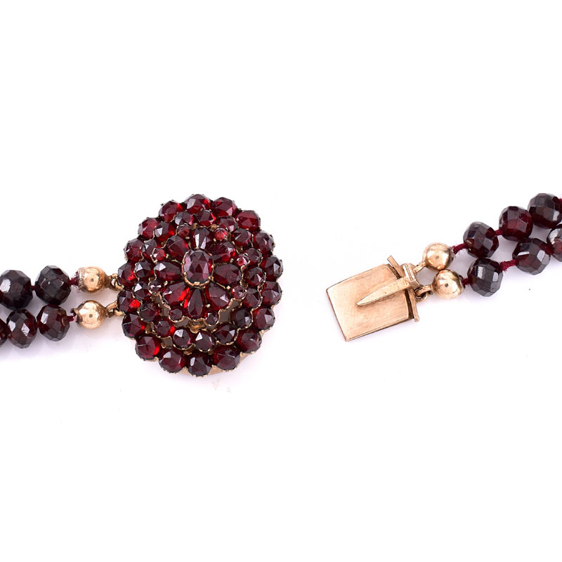 Vintage Garnet and 14 Karat Yellow Gold Multi Strand Necklace.