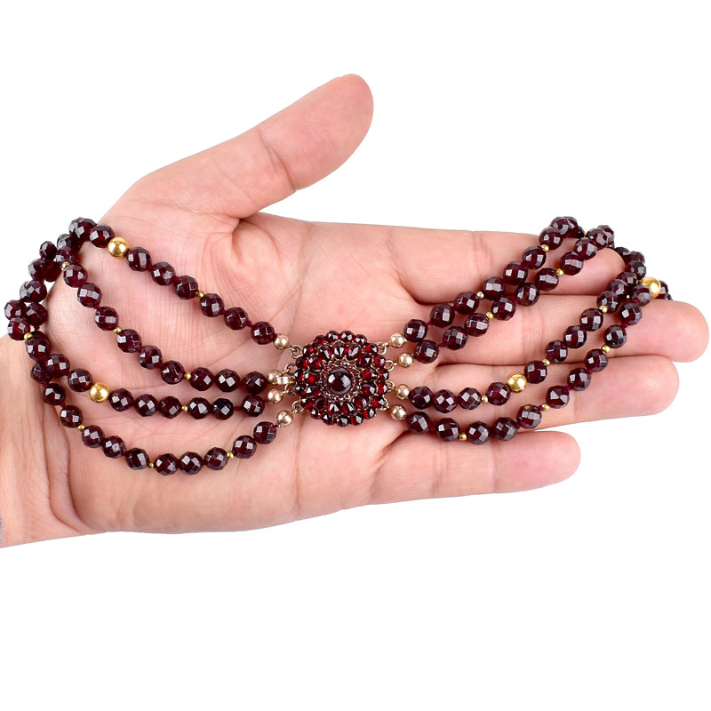 Vintage Garnet and 14 Karat Yellow Gold Multi Strand Necklace.