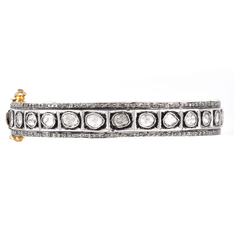 Vintage Table Cut Diamond and Silver Topped 14 Karat Yellow Gold Hinged Bangle Bracelet.