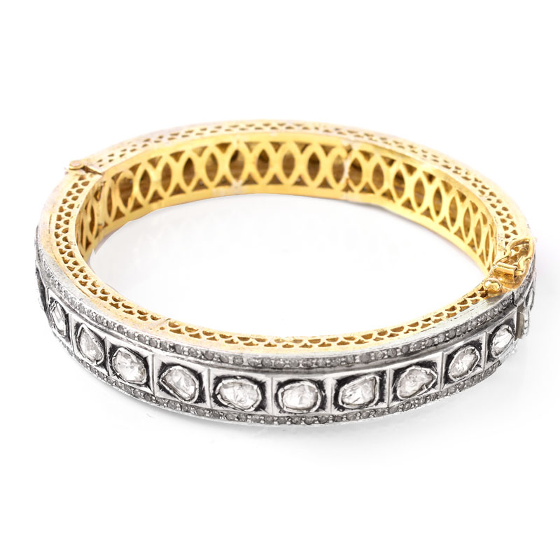 Vintage Table Cut Diamond and Silver Topped 14 Karat Yellow Gold Hinged Bangle Bracelet.
