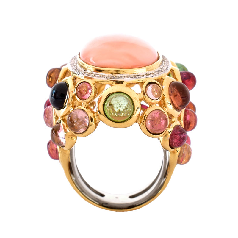 Vintage Angel Skin Coral, Cabochon Tourmaline,  Diamond and 14 Karat Yellow Gold Ring. Coral measures 19mm x 14mm.