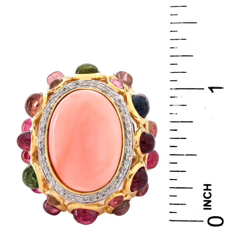 Vintage Angel Skin Coral, Cabochon Tourmaline,  Diamond and 14 Karat Yellow Gold Ring. Coral measures 19mm x 14mm.