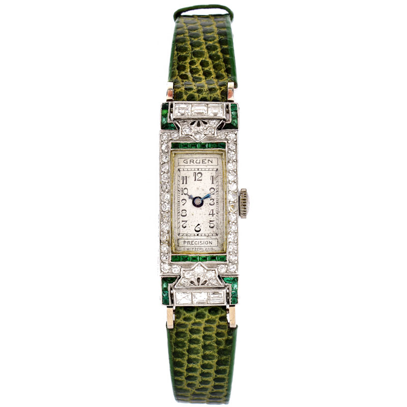 Antique Lady's Gruen Diamond, Emerald and Platinum Watch with Modern Lizard Strap.