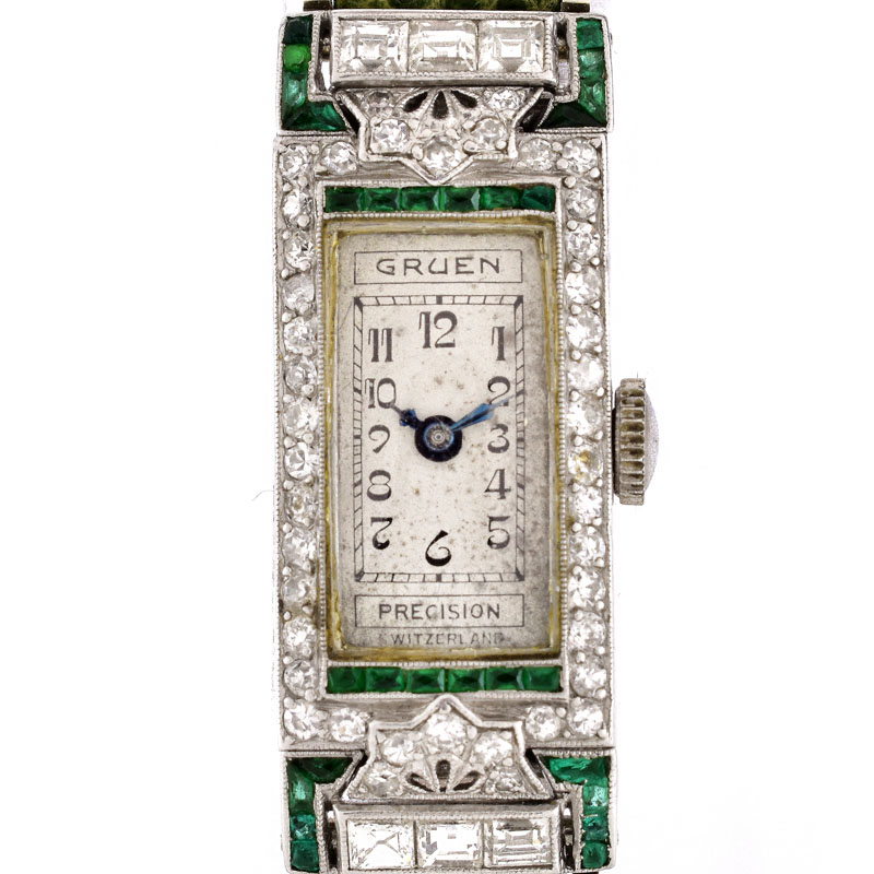 Antique Lady's Gruen Diamond, Emerald and Platinum Watch with Modern Lizard Strap.