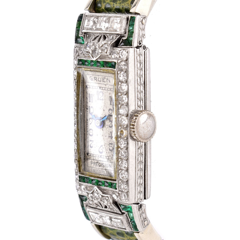 Antique Lady's Gruen Diamond, Emerald and Platinum Watch with Modern Lizard Strap.