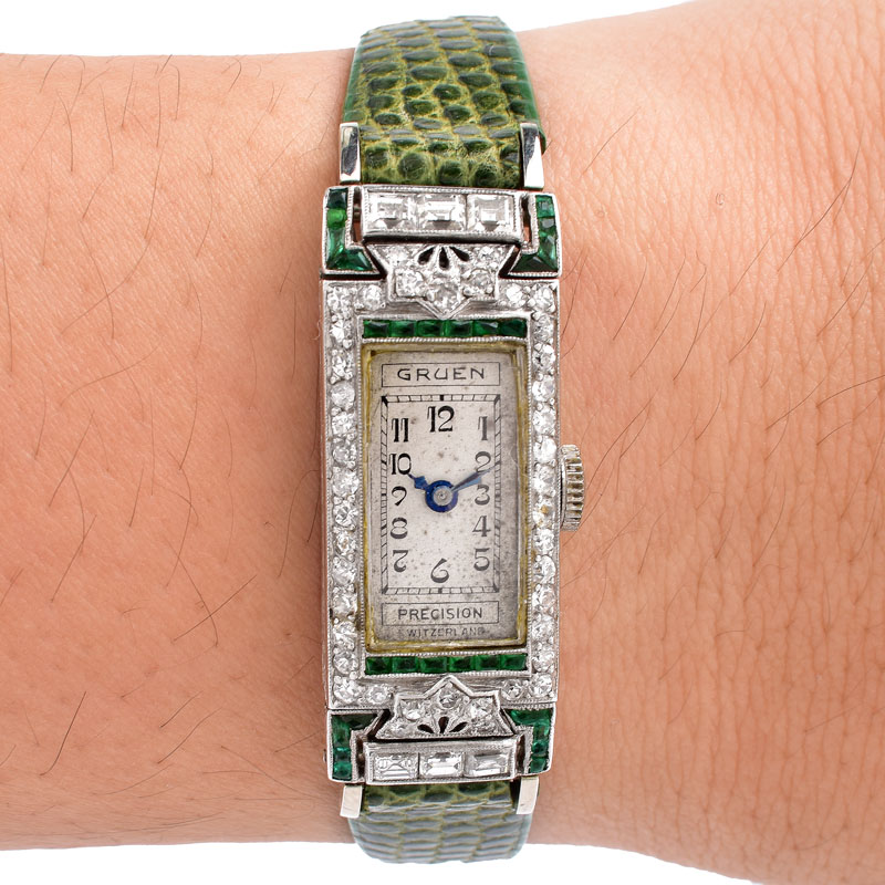 Antique Lady's Gruen Diamond, Emerald and Platinum Watch with Modern Lizard Strap.