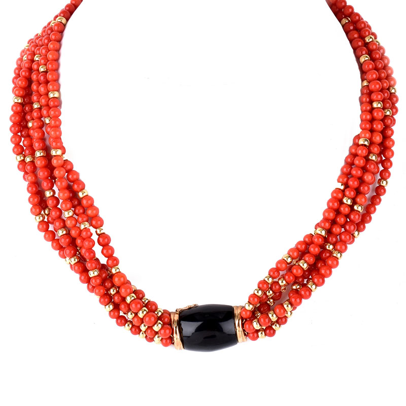 Vintage Red Coral and 14 Karat Yellow Gold Bead Multi Strand Necklace with Onyx and 14 Karat yellow Gold Clasp.