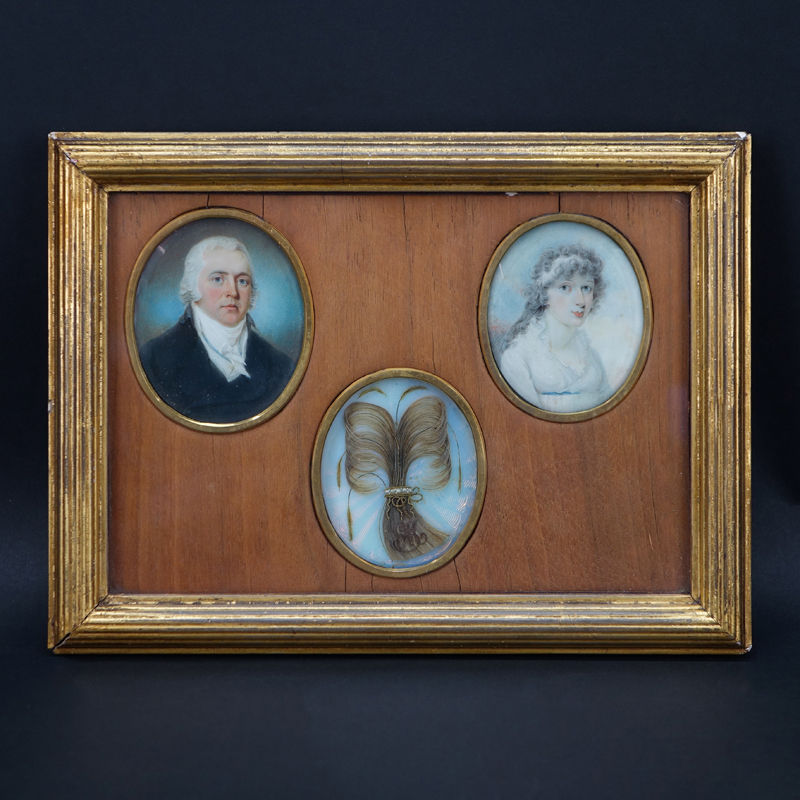 Finely Painted 18/19th Century Hand Painted Portrait Miniatures With A Lock Of Hair. Framed together.