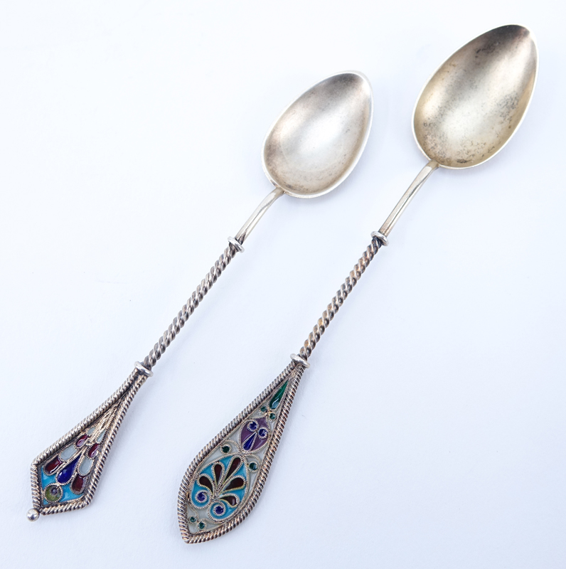 Collection Of Eight (8) Gilt Silver Plique-à-jour Spoons. seven matching measure 4-3/4", one at 4-1/4". Unsigned.