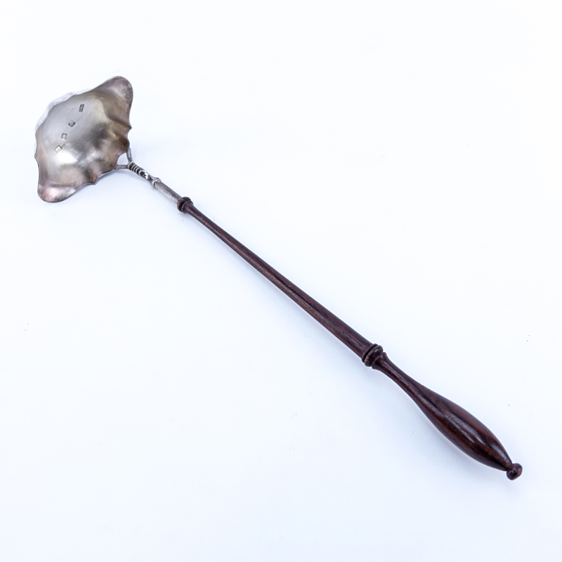 English Silver Punch Ladle. Turned wood handle. Signed with Hallmarks London 1973, makers mark R&D.