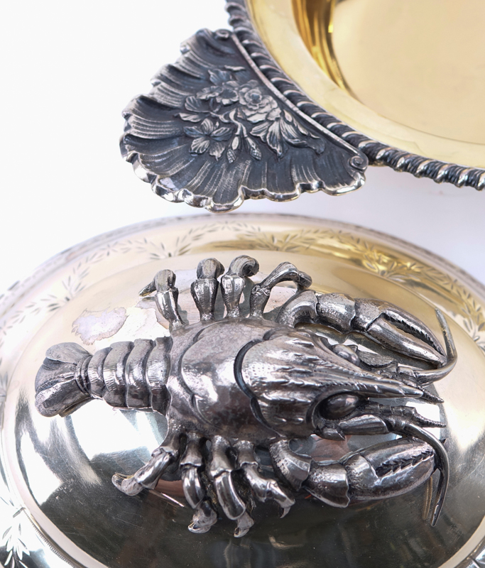 18th Century Russian 84 Silver Vermeil Covered Serving Dish with Lobster Finial.