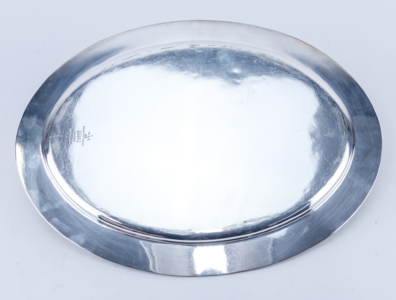 Tiffany & Co. Silver Plate Oval Tray and Cigarette Box. The tray with a floral repousse border, the box lid and engraved printer plate with invitation.
