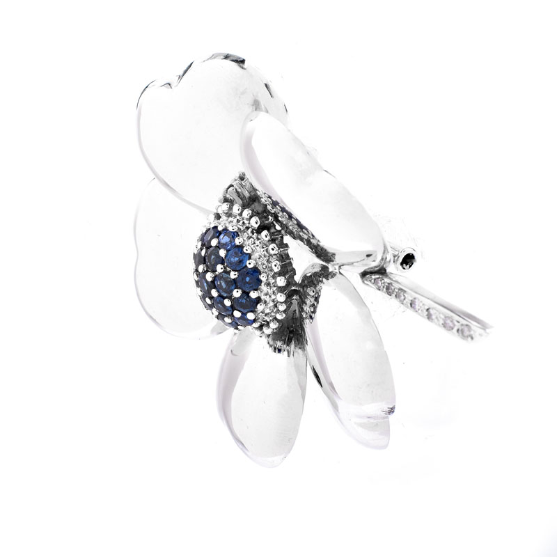 Vintage Approx. 2.0 Carat Round Cut Sapphire, Diamond and 14 Karat White Gold Flower Brooch.