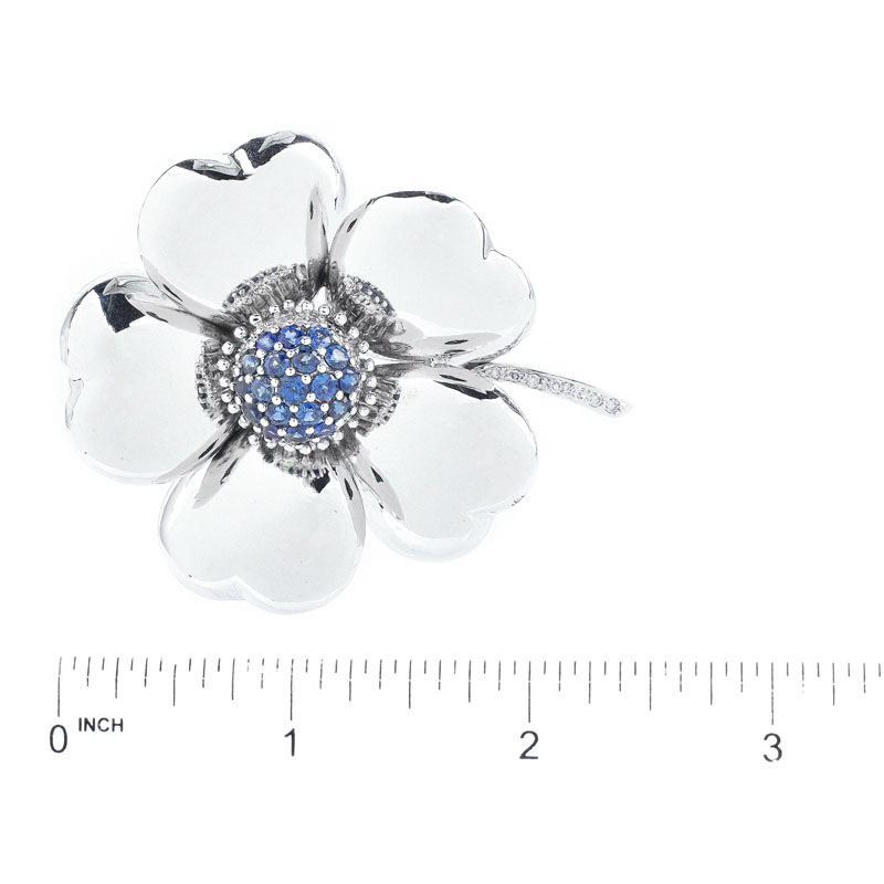 Vintage Approx. 2.0 Carat Round Cut Sapphire, Diamond and 14 Karat White Gold Flower Brooch.