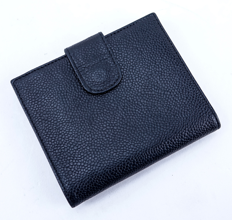 Chanel Black Caviar Leather Square Front Logo Wallet.