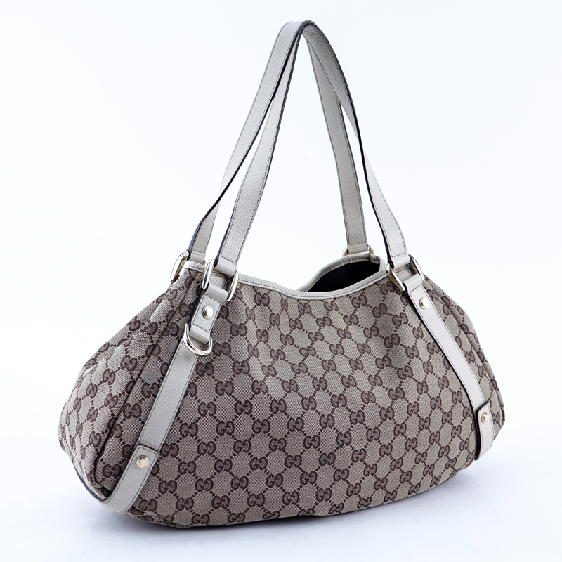 Gucci Beige Monogram Canvas Abbey Hobo Diagonal Lines Bag.