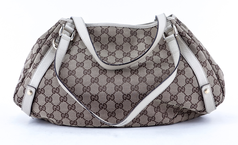 Gucci Beige Monogram Canvas Abbey Hobo Diagonal Lines Bag.