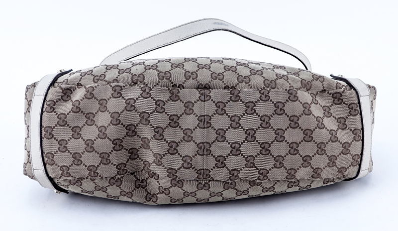 Gucci Beige Monogram Canvas Abbey Hobo Diagonal Lines Bag.