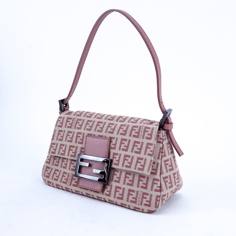 Fendi Beige And Pink Monogram Canvas Baguette Mini Handbag.