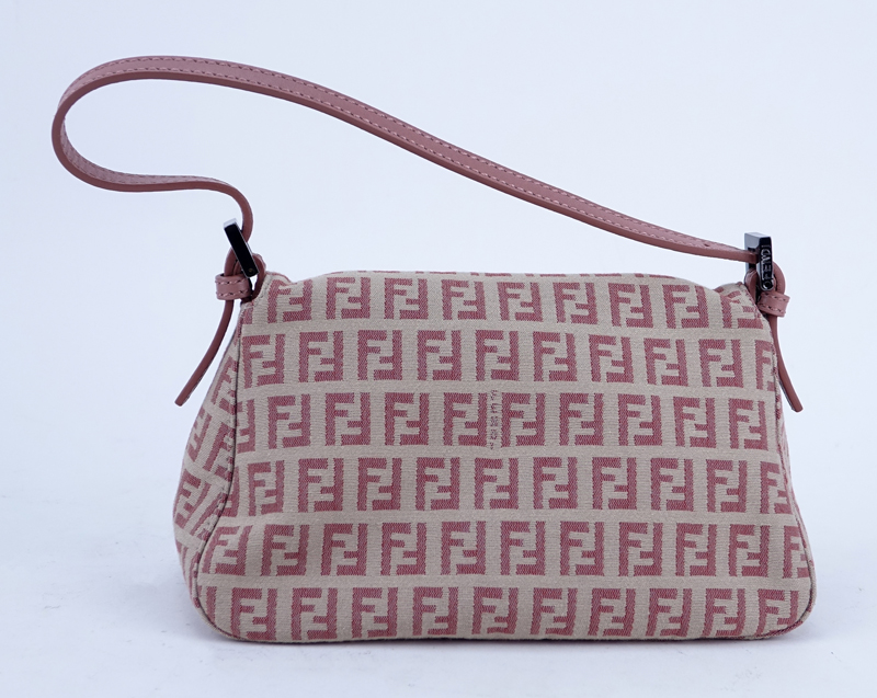 Fendi Beige And Pink Monogram Canvas Baguette Mini Handbag.