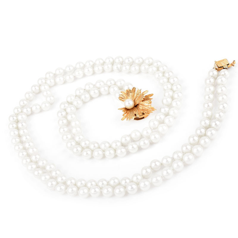 Vintage Two (2) Strand Pearl Necklace with 14 Karat Yellow Gold and Pearl Clasp.
